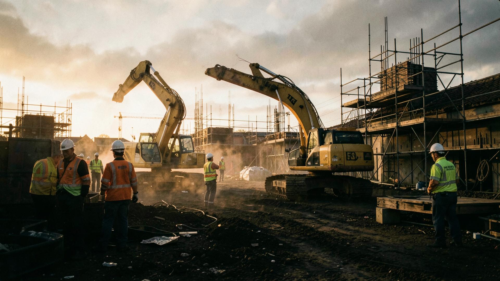 Instructors and operators on a busy construction site at sunset